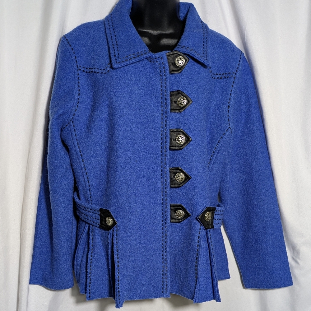 Women's Carson Blue Military Style Wool Jacket W/Faux Leather Detail, Sz L‎